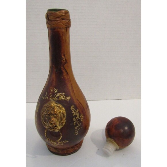 Italian Wine Decanter Vintage Brown Leather Lion Head Bottle Stopper Italy Vino - Picture 5 of 6